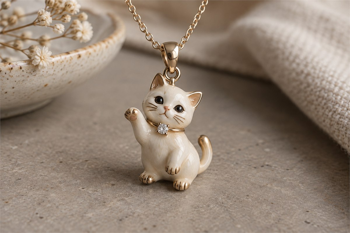 Ivory cat pendant with one clear faceted accent at its collar.