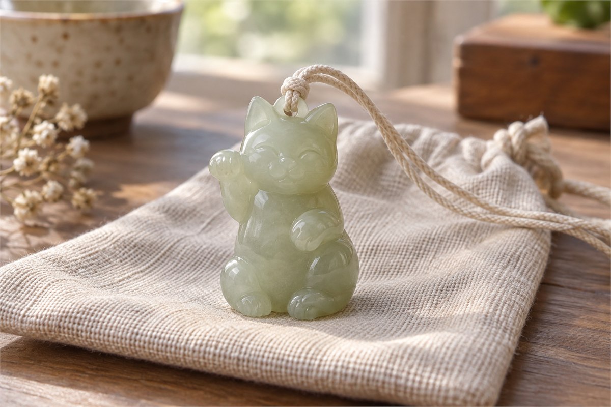 Translucent pale green carved cat pendant on a cream cord.