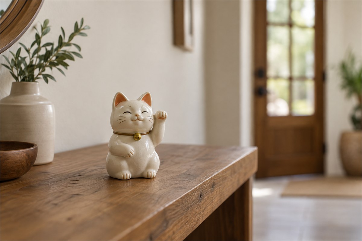 Small ivory cat figure standing safely on a broad entry shelf.