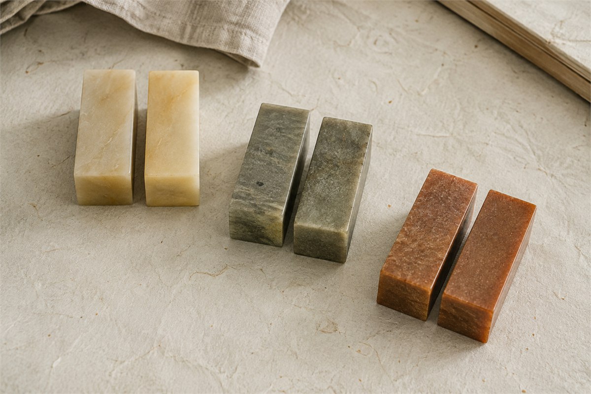 Two natural stone seal blanks with related color and veining