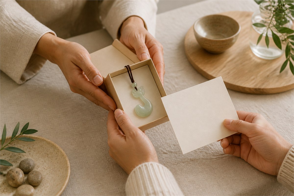 Two adults exchange a gift box with a pale green keepsake and blank card