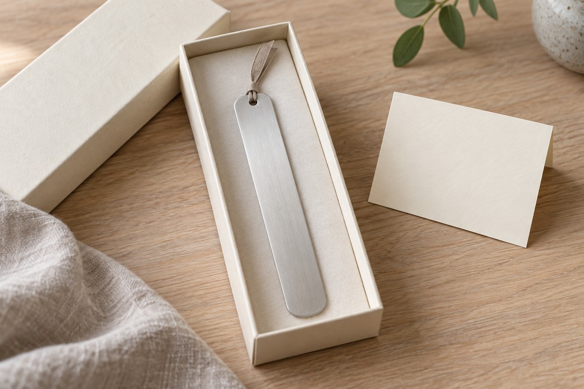 An open cream gift box with a small silver-tone bookmark and a blank folded card.