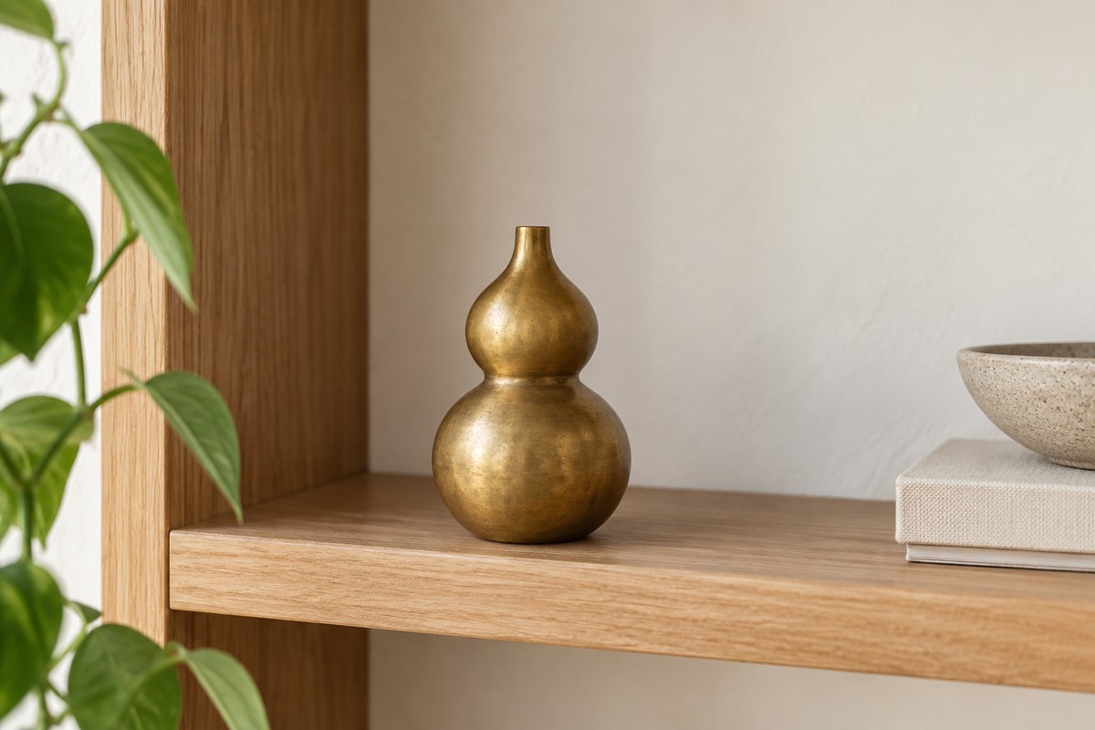 A small brass gourd ornament standing on a wide wooden shelf.