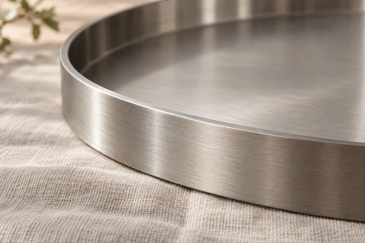 A close view of a softly brushed metal surface with a rounded edge.