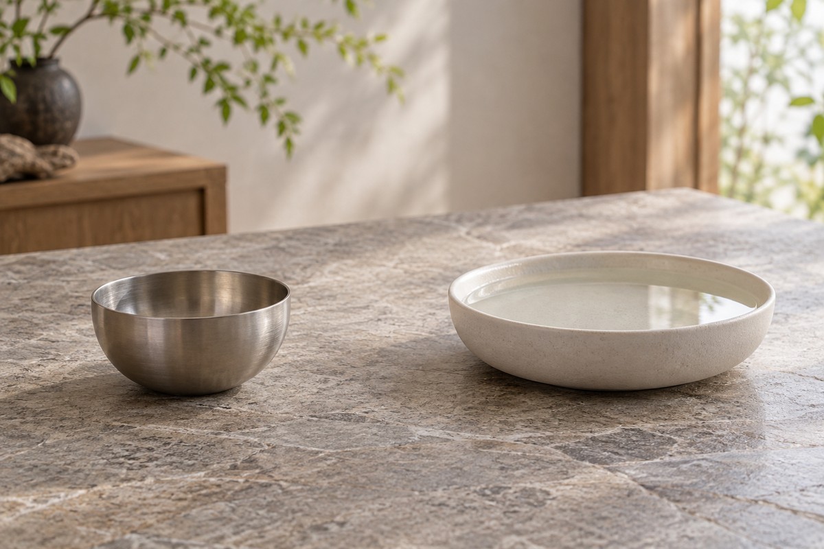 A small brushed metal bowl beside a shallow ceramic vessel of still water.