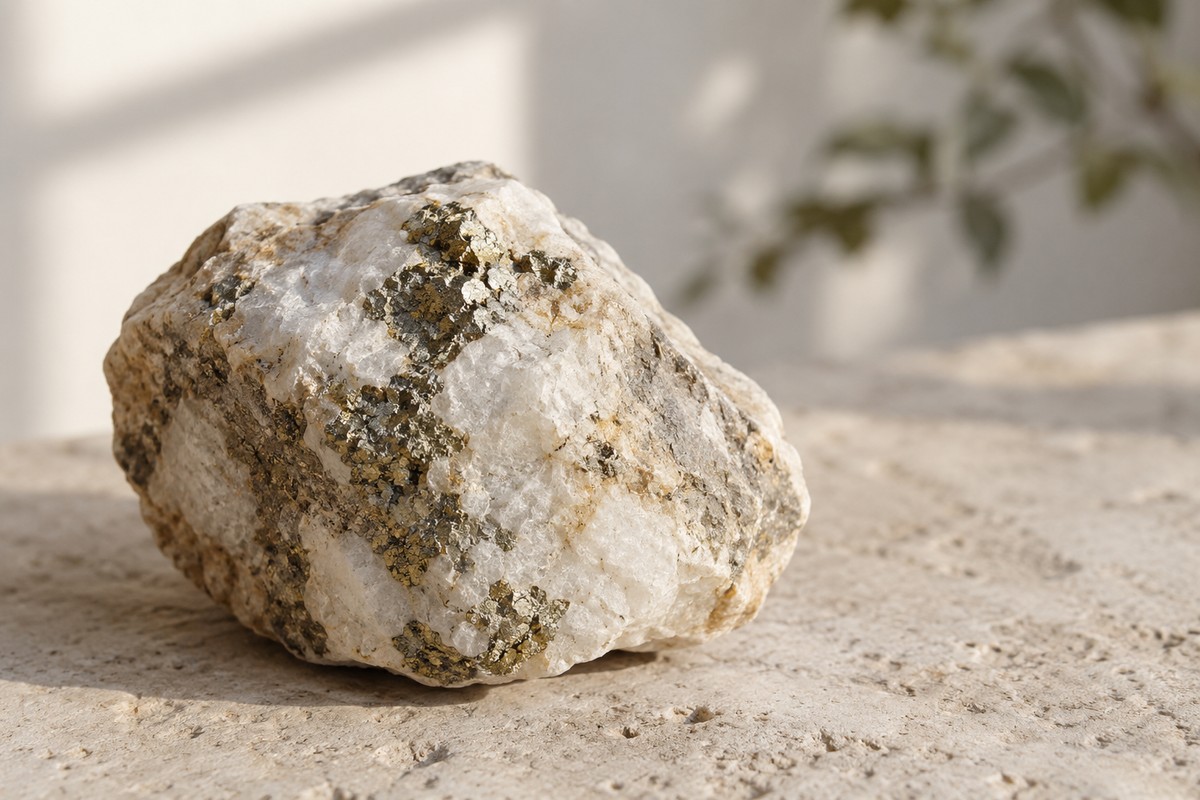 A rough pale rock with small metallic mineral flecks rests on a sandy stone surface.