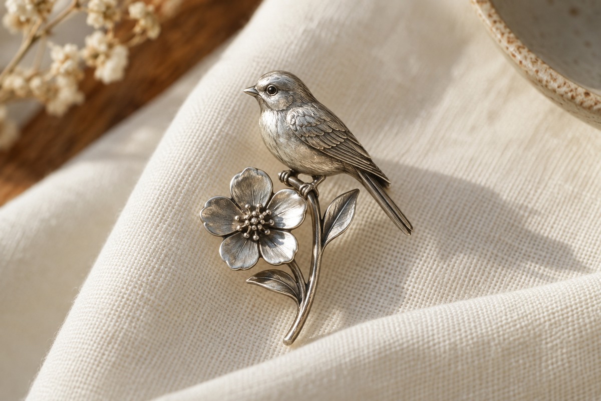 A small silver-colored bird perched above a flower on a decorative pin.