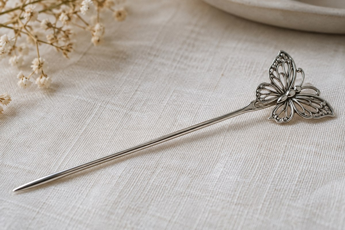 Silver-colored butterfly hairpin with an openwork wing ornament and a smooth pin shaft.