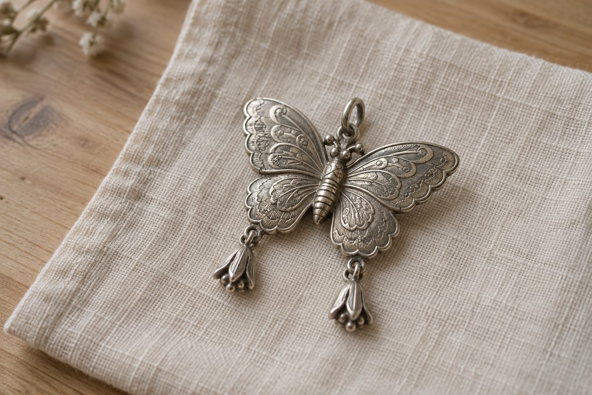 Silver-colored butterfly pendant with chased wings and two hanging ornaments on ivory linen.
