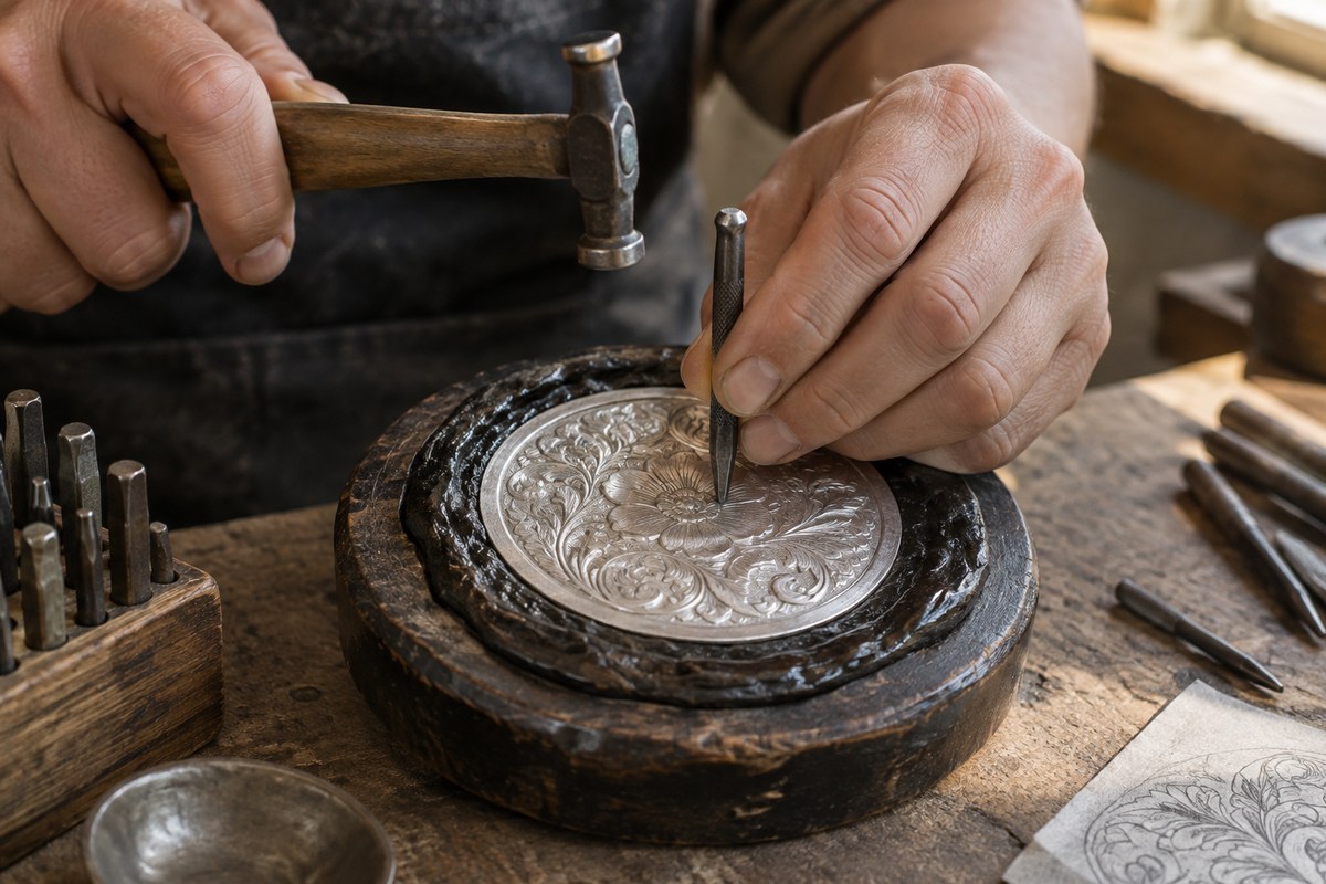 Craftsperson's hands positioning a small chasing tool against a supported metal ornament.