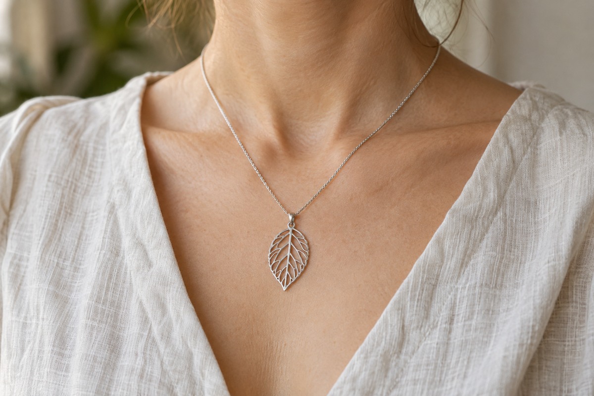 A small silver-colored leaf pendant worn over a plain ivory linen top.