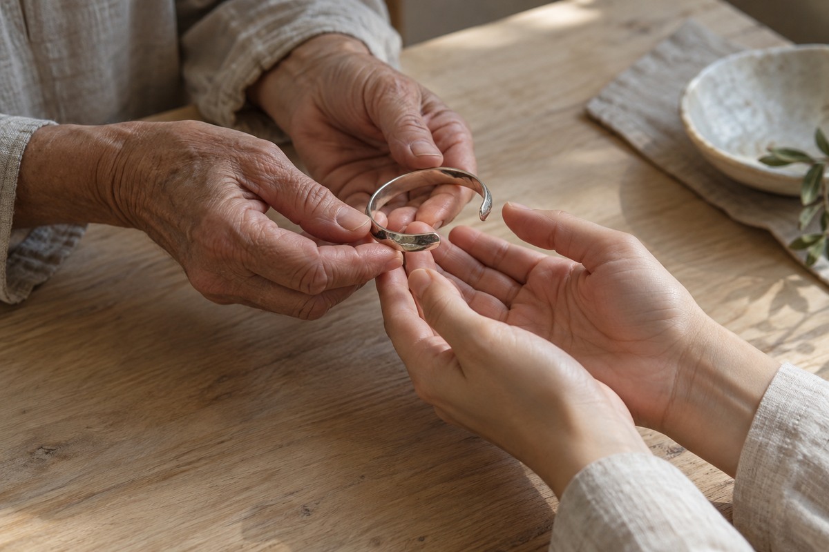Older adult hands passing a simple silver-colored bracelet into a younger adult's open hands.