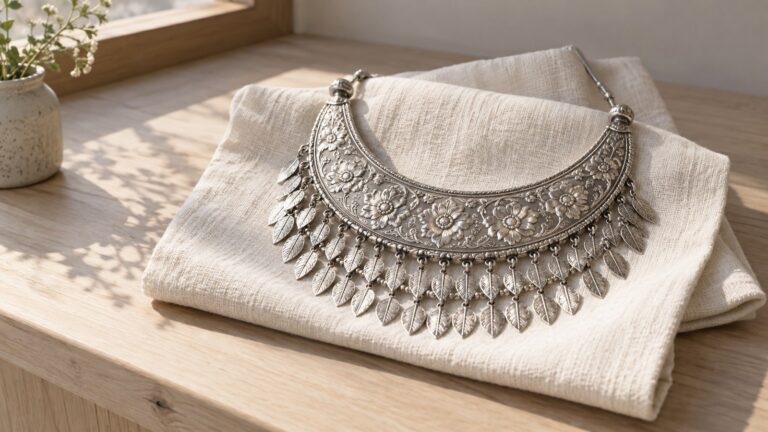 Silver-colored floral chest ornament with hanging leaves resting beside a folded cloth wrap.