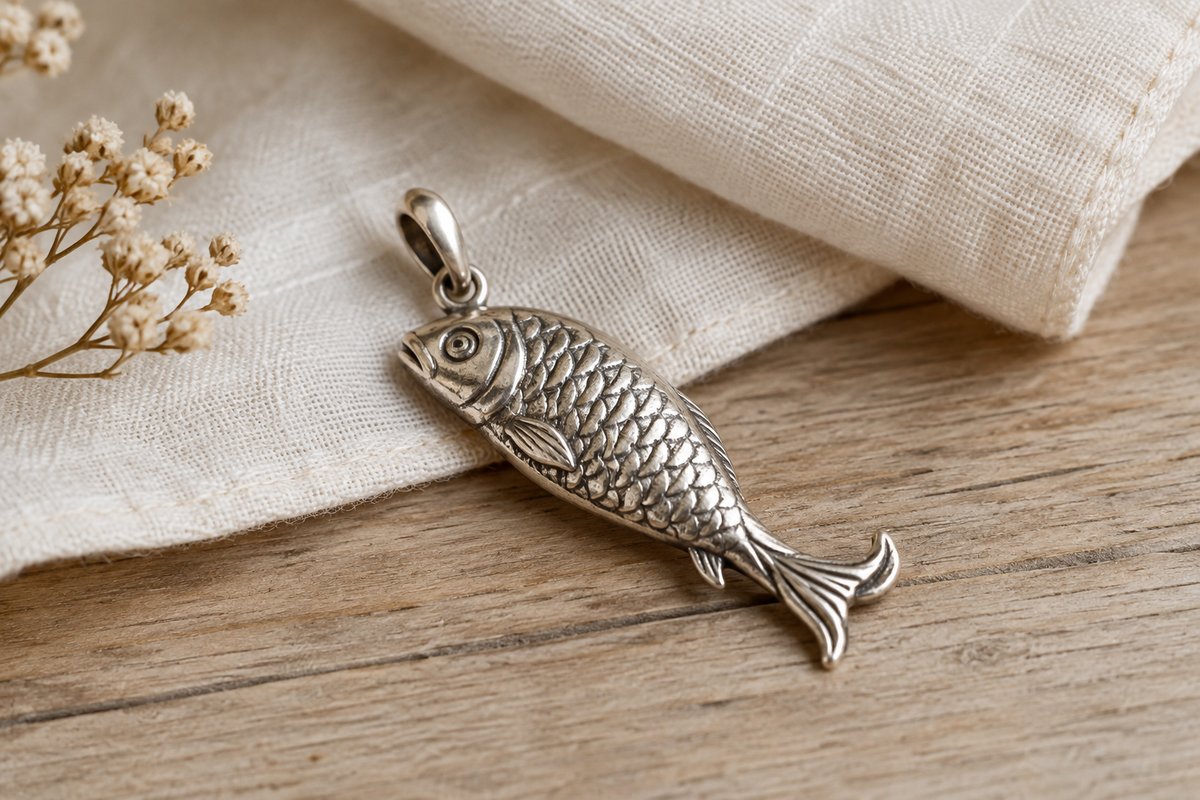 A silver-colored fish pendant with chased scales and a gently curved tail.