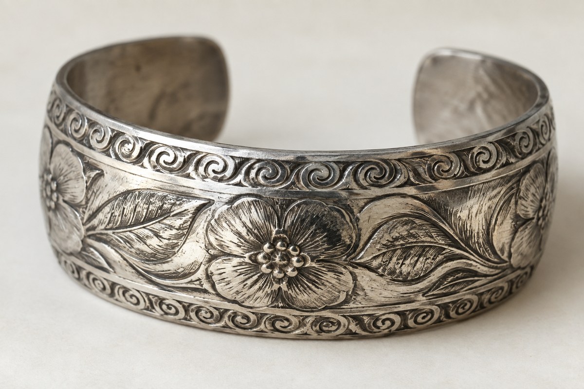 Chased flower, leaf, and spiral patterns across a silver-colored cuff.