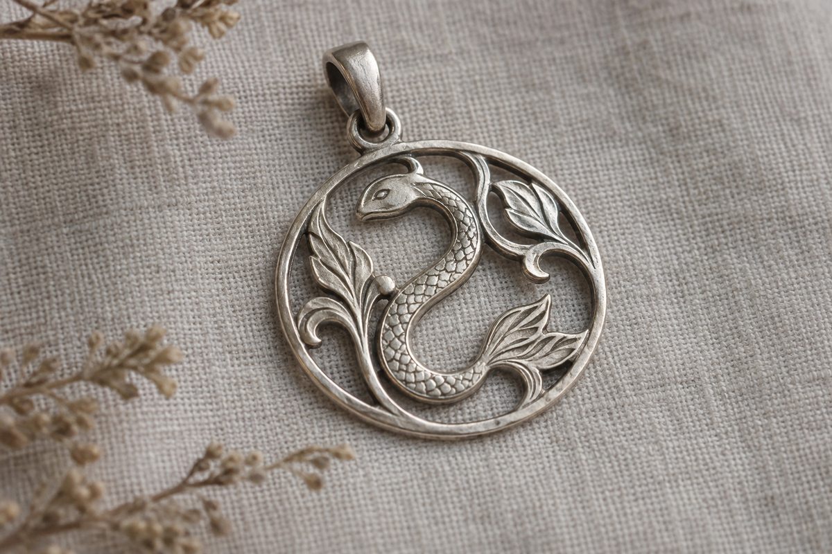 Curving creature motif with a fish-like tail worked into a silver-colored pendant.