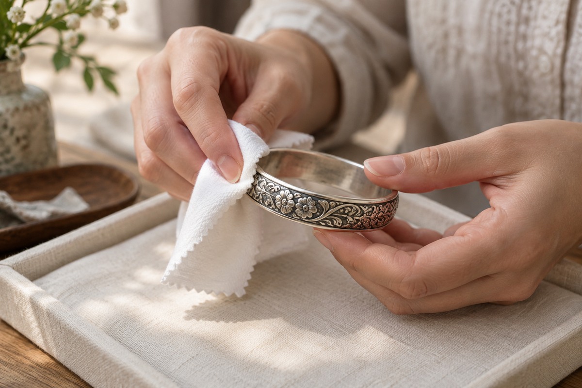 Adult hands supporting a silver-colored bracelet while wiping it with a soft dry cloth.