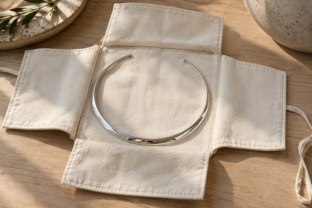 A smooth silver-colored neck ring resting inside an open cloth jewelry wrap.