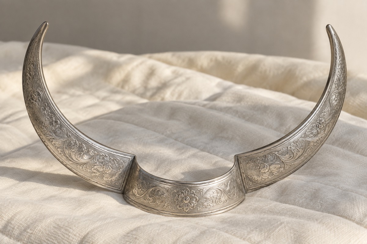 A pair of broad upward-curving silver-colored horn forms on a padded support.