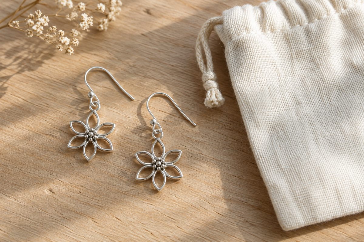 A light pair of silver-colored floral earrings beside a plain linen pouch.