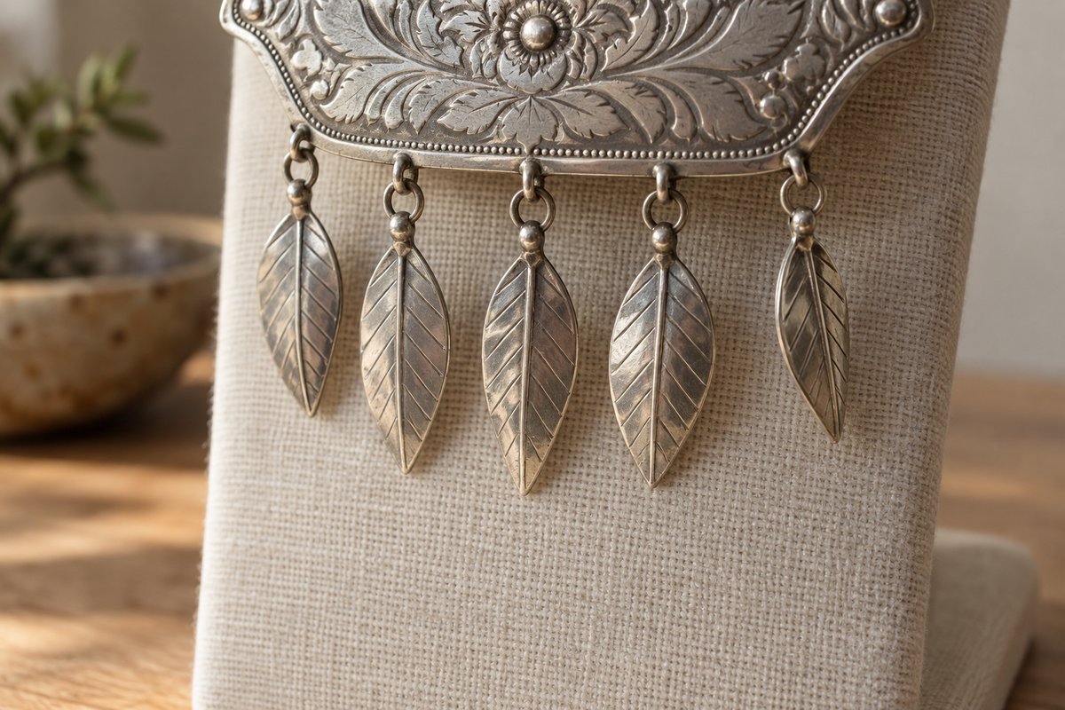Thin silver-colored hanging plaques joined to a curved ornament by small connecting rings.