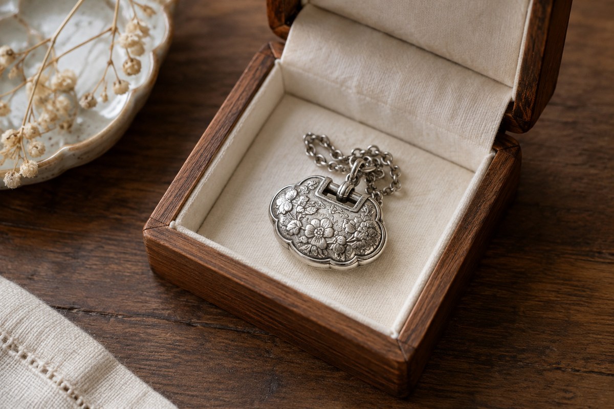Small lock-shaped silver-colored ornament resting in a softly lined keepsake box.