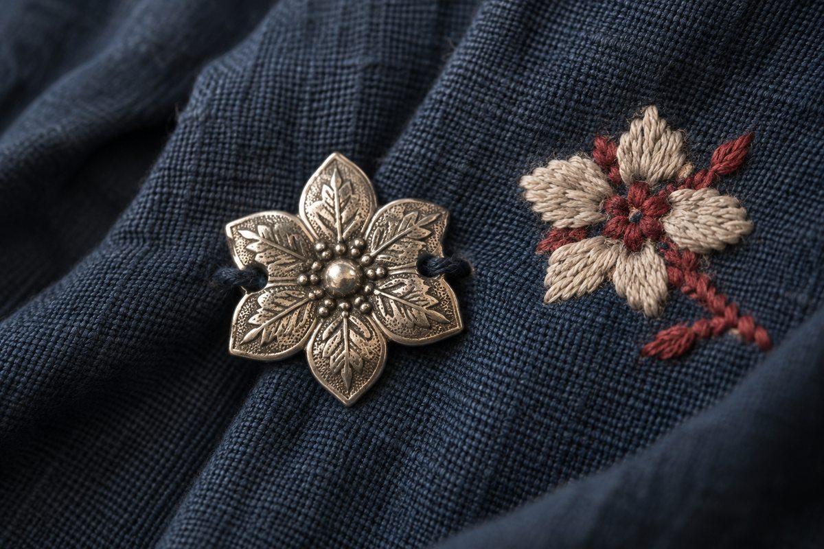 A small silver-colored floral plaque beside a restrained embroidered flower on dark indigo cloth.