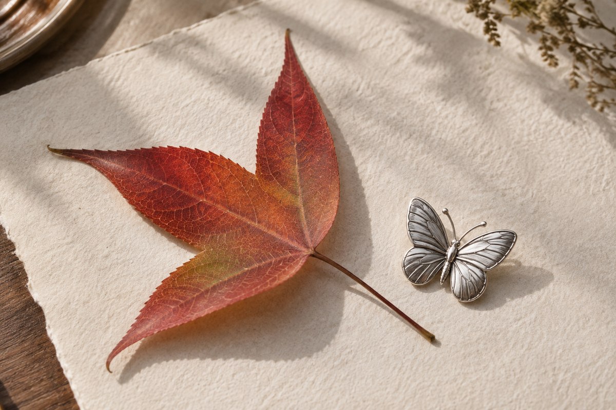 A small silver-colored butterfly ornament beside a three-lobed sweetgum leaf.