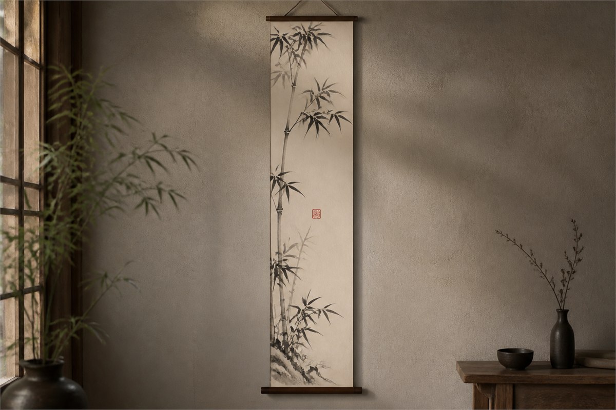 Long bamboo ink scroll with a small red seal impression near the middle