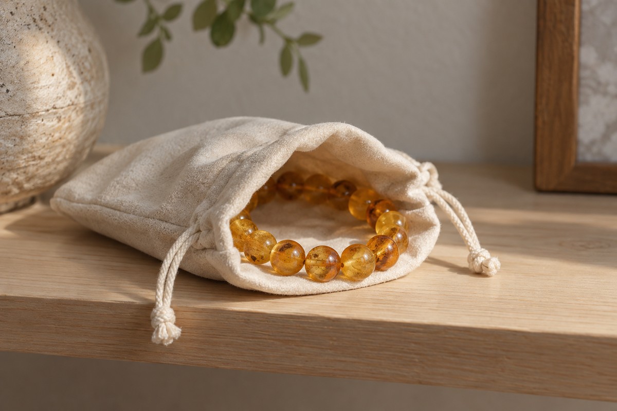 Amber bead bracelet resting inside its own open soft pouch