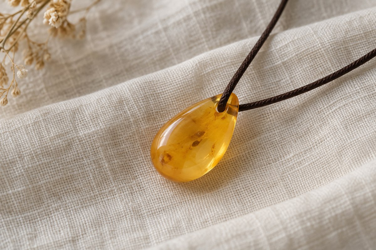 Honey-colored rounded amber drop on ivory linen