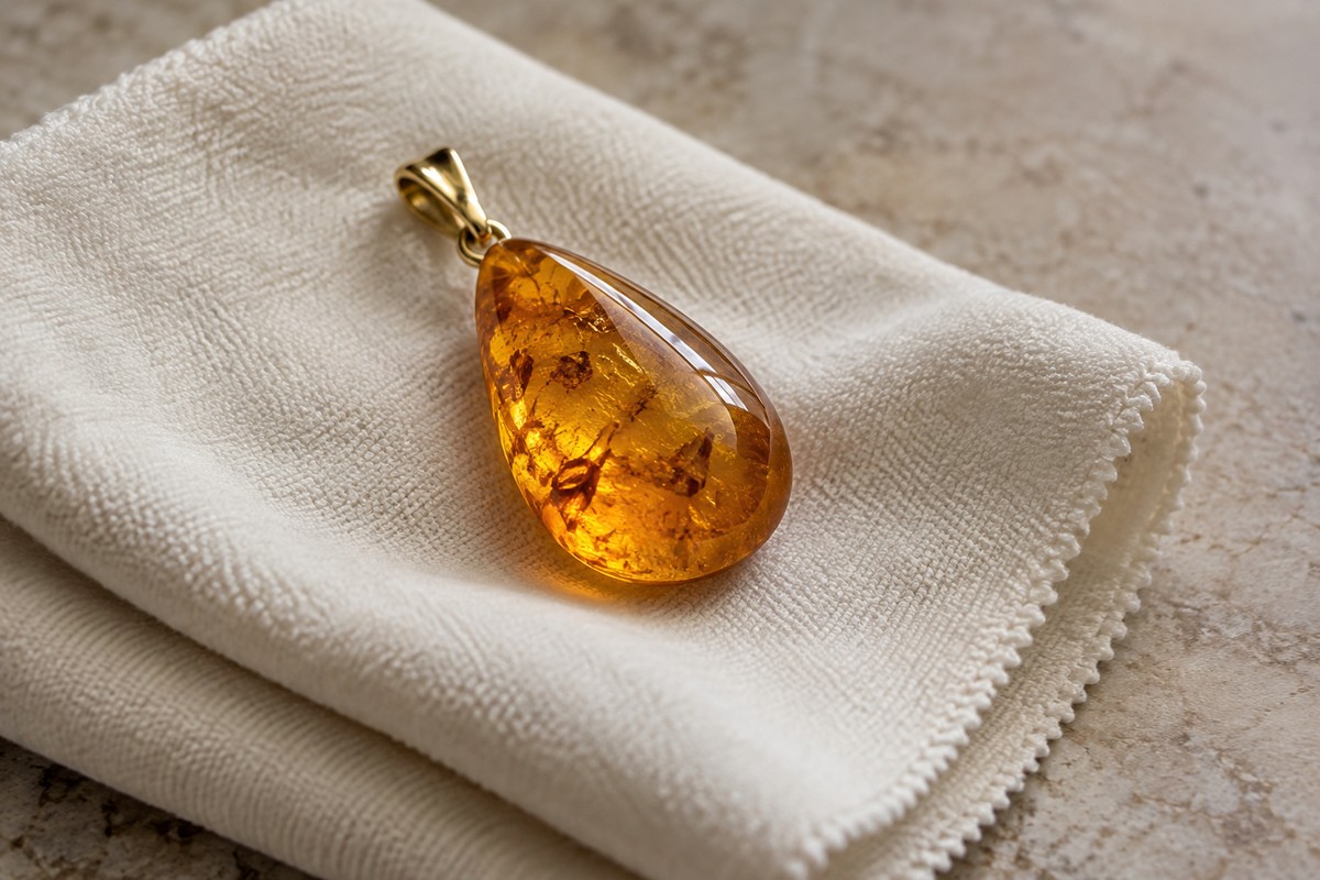 Honey-colored amber pendant resting on a clean soft cloth