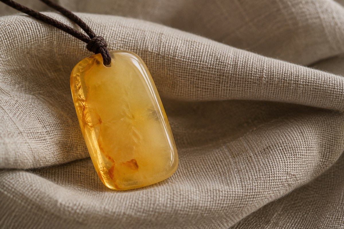 Plain rounded rectangular amber plaque on a dark cord over oatmeal fabric
