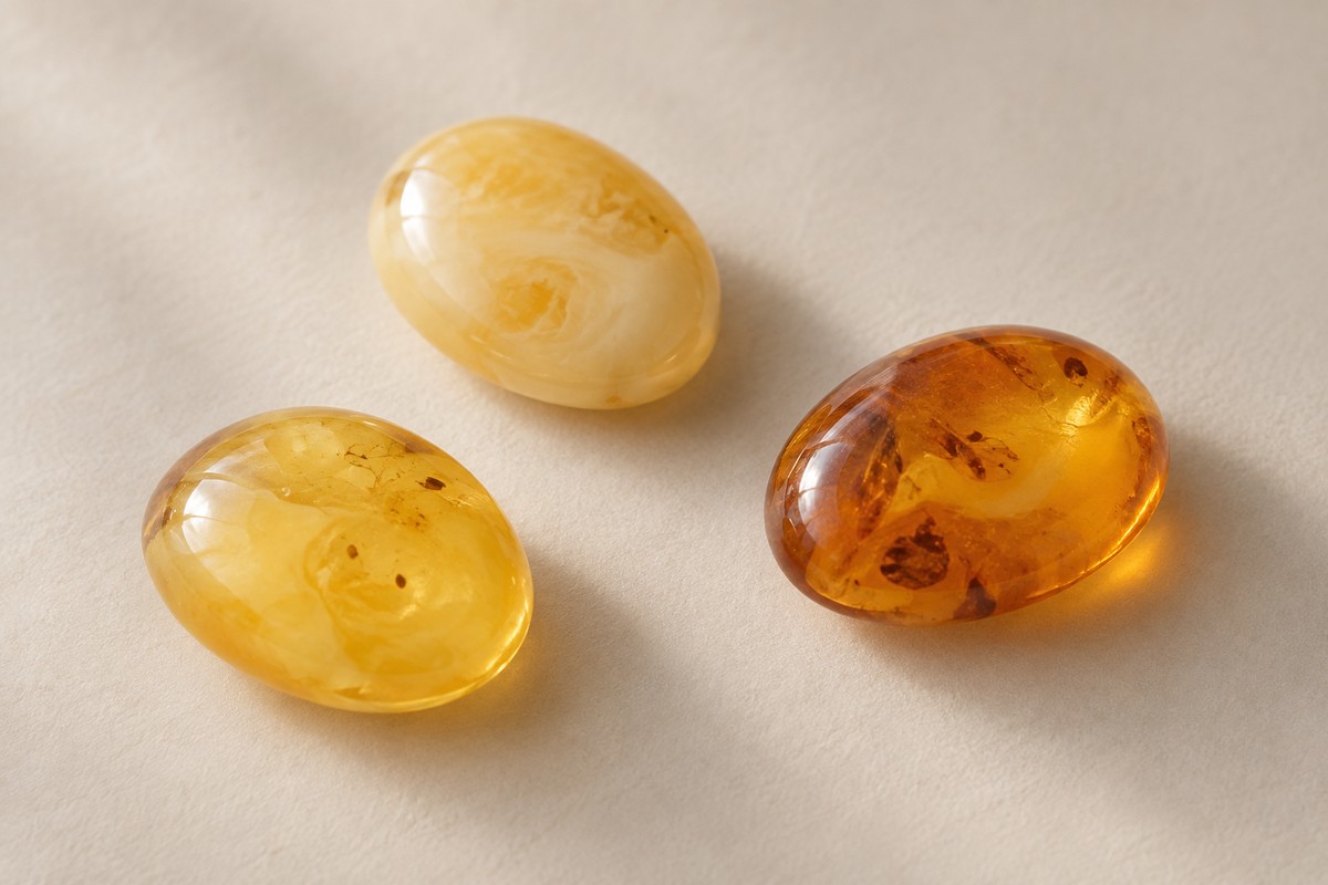 Cream, pale yellow and orange-yellow amber cabochons on a neutral surface