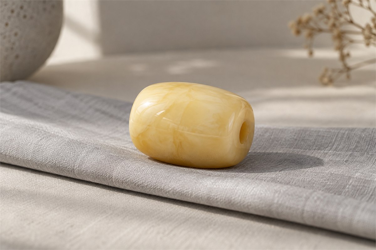 A creamy yellow barrel-shaped bead with a visible hole rests on pale gray silk.