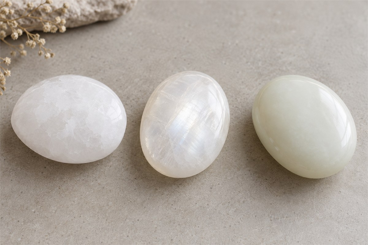 Milky quartz, white moonstone, and creamy white jade resting apart on matte ceramic.