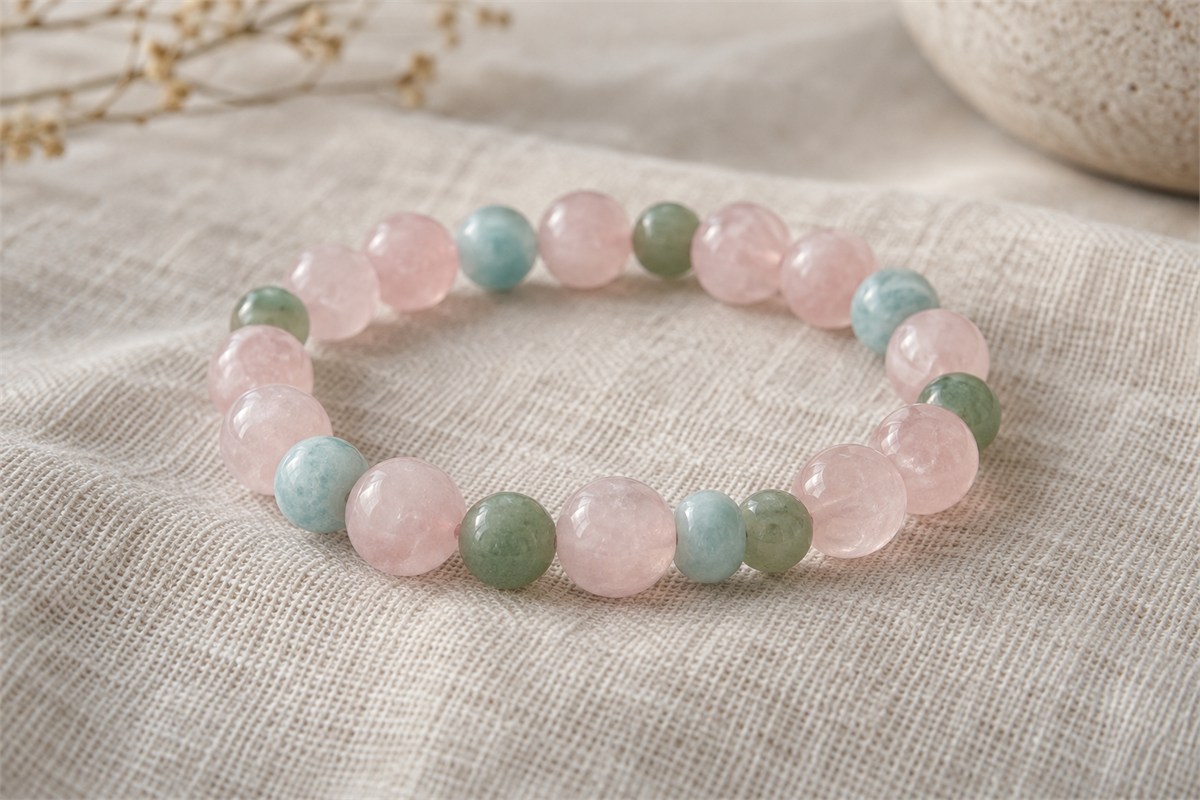 A bracelet combining pink rose quartz with blue-green amazonite and green aventurine accents.
