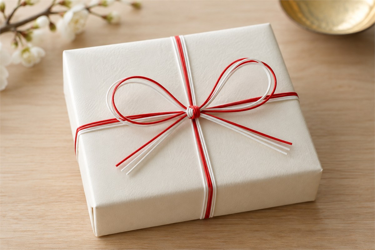 Ivory gift box tied with red and white paper cords in a two-loop bow.