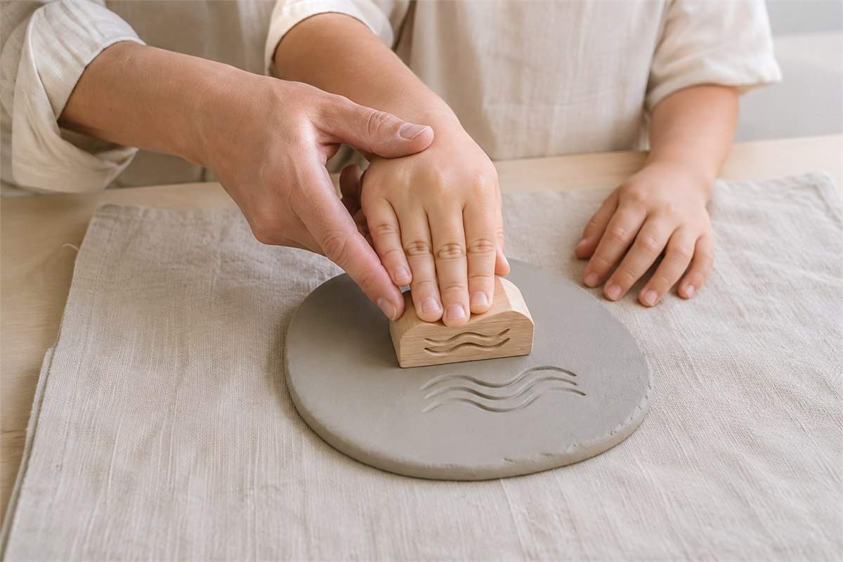 Adult guiding a child to press an abstract wooden stamp into air-dry clay