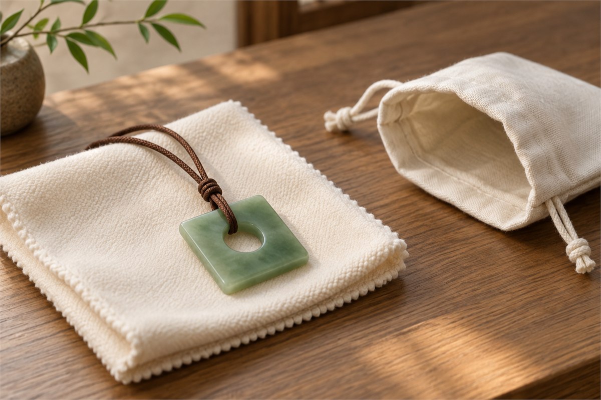A square green pendant and brown cord rest on a soft cloth beside a fabric pouch.