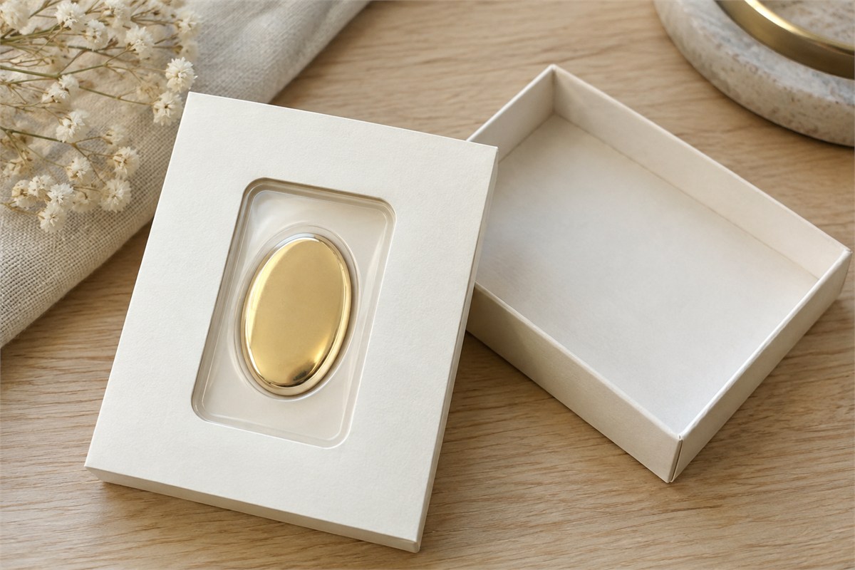 Gold-colored oval keepsake held in a clear window inside a plain ivory presentation card.