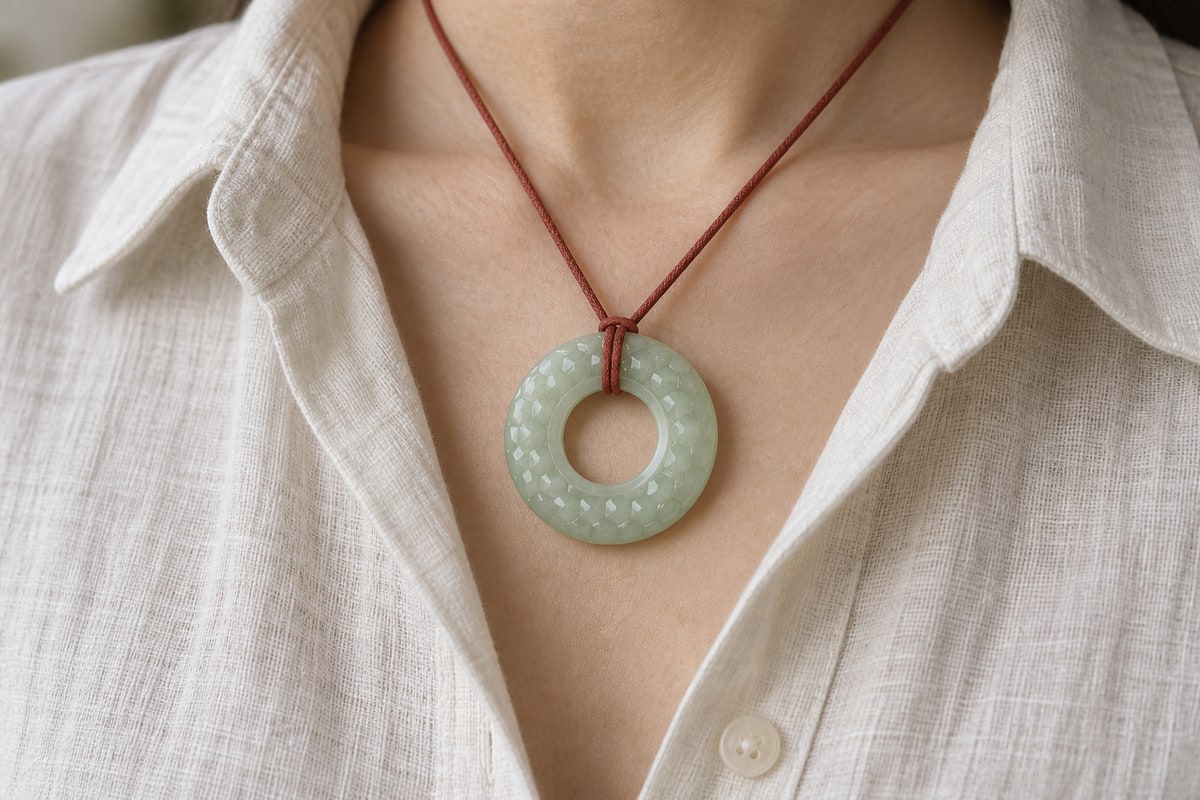 Circular pale jade pendant with faceted texture and red cord worn over ivory linen