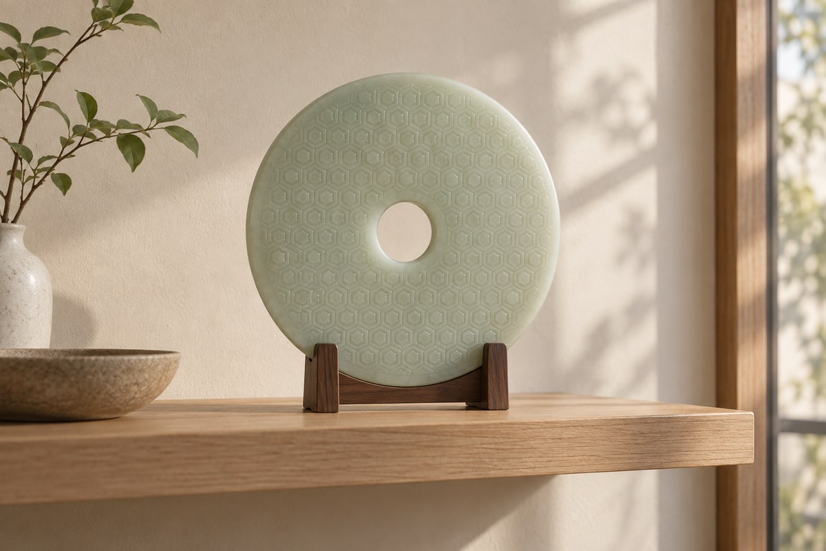 Pale jade disc with a geometric surface displayed upright on a simple wooden stand