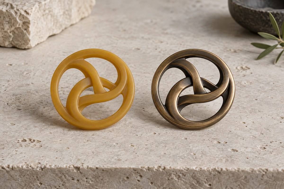 Matching circular openwork forms in brown wax and dark bronze.
