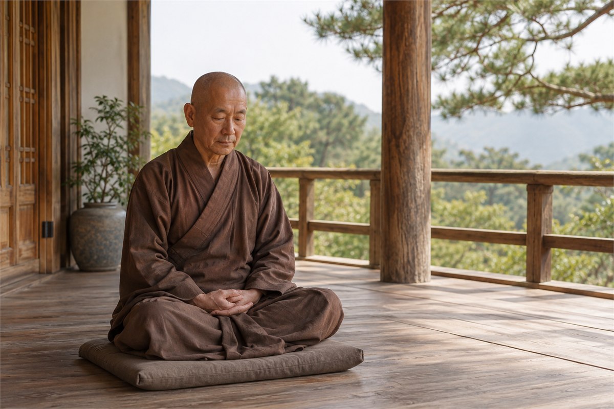 An elderly Buddhist monk seated on a cushion in a wooden veranda.