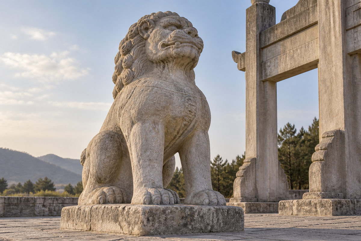 Large seated stone lion beside an outdoor gateway