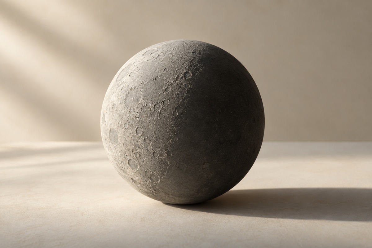Side light illuminates half of a textured grey sphere on an ivory surface.