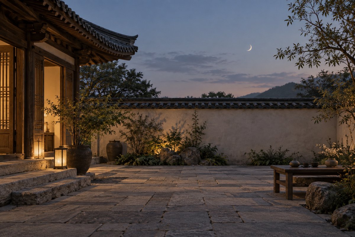 A pale crescent moon above a stone courtyard at dusk.