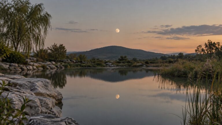 A pale moon and its soft reflection appear above and within a still garden pond.