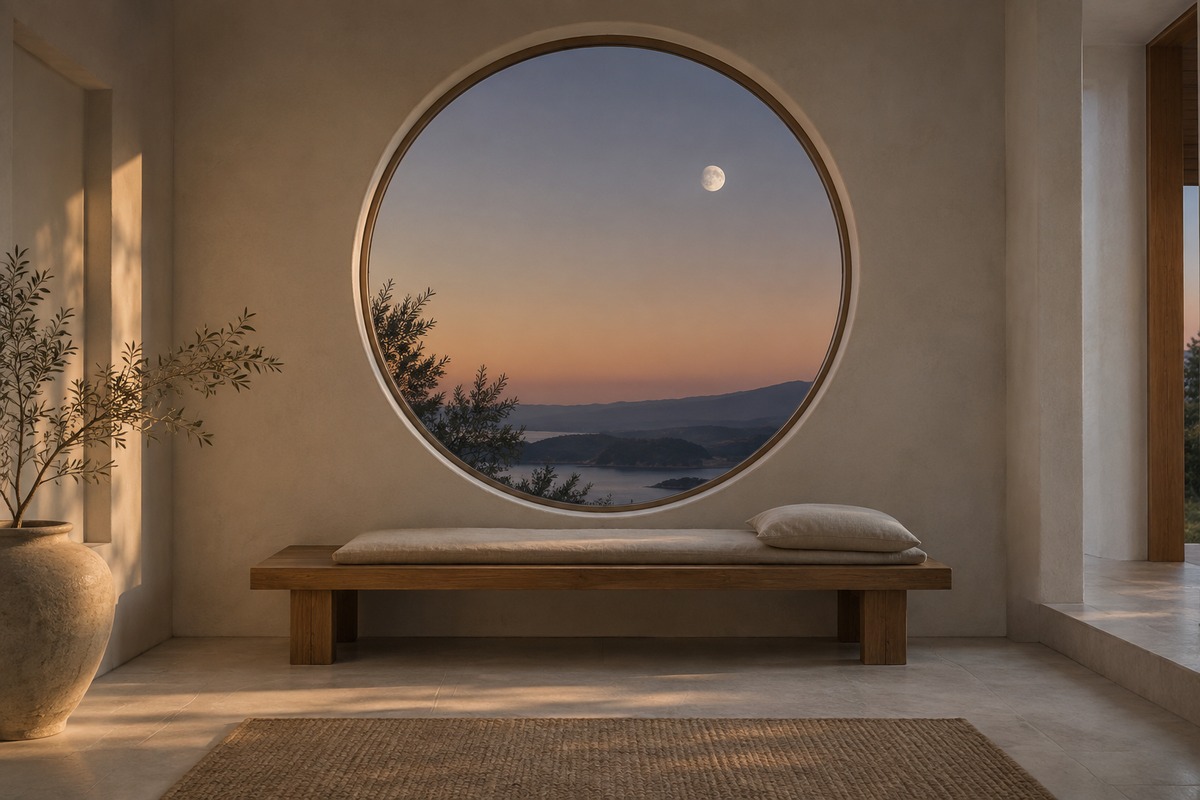 A circular window frames a pale moon above a quiet wooden bench.